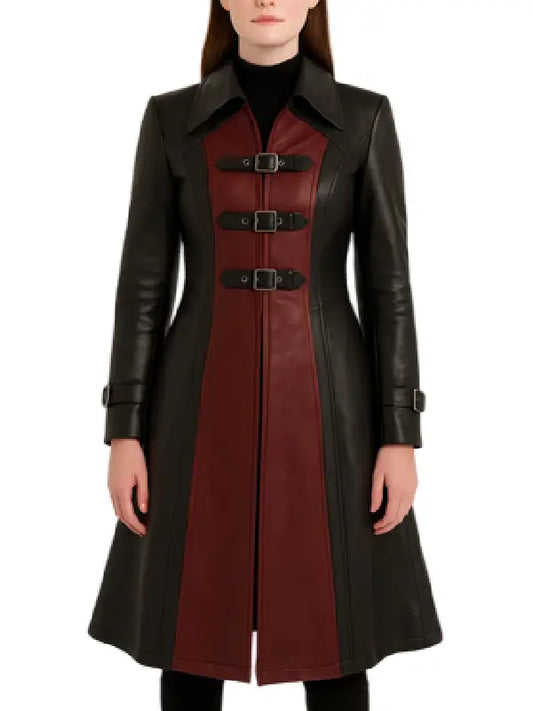 Women’s Black and Maroon Long Leather Trench Coat - The Leather Jackets