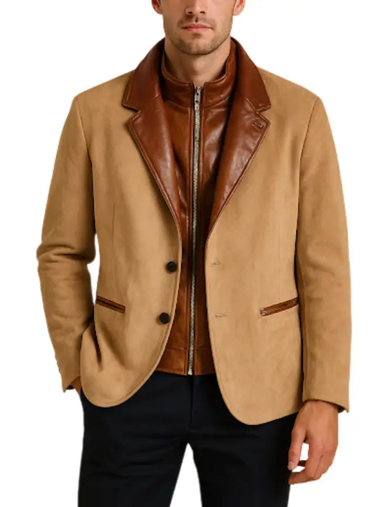 Men’s Tan Suede Blazer with Brown Leather Lapel - The Leather Jackets