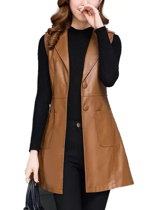 Amber Brown Sleeveless Leather Coat - The Leather Jackets