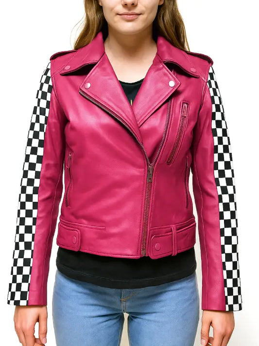 Women’s Pink Checkered Sleeve Leather Biker Jacket – Trendy Moto Style