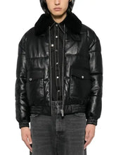Men’s Black Puffer Leather Jacket with Shearling Collar