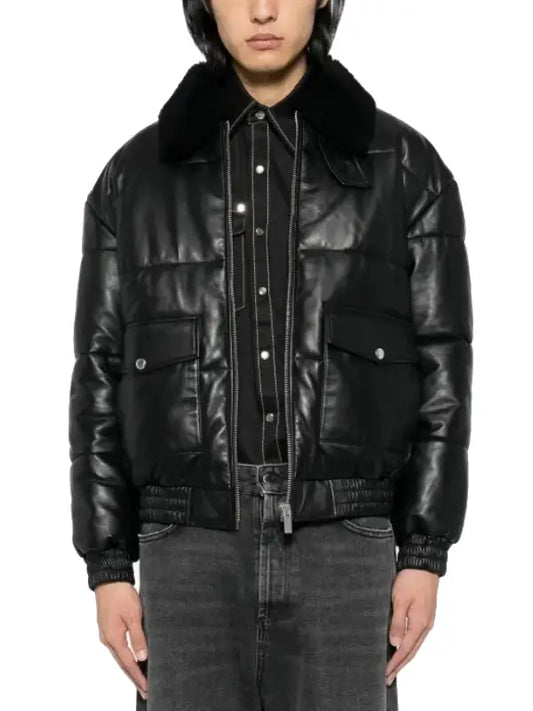 Men’s Black Puffer Leather Jacket with Shearling Collar