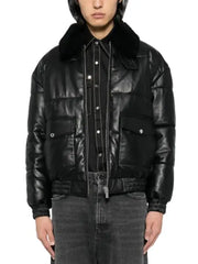 Men’s Black Puffer Leather Jacket with Shearling Collar