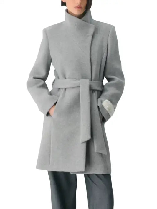 Women’s Grey Wool Belted Winter Coat - The Leather Jackets