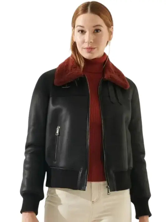 Raven Black Shearling Leather Jacket – Elegant Warmth with Modern Edge