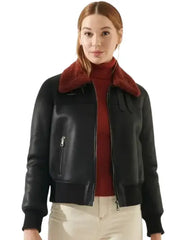Raven Black Shearling Leather Jacket – Elegant Warmth with Modern Edge