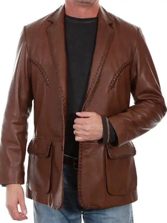 Distressed Brown Leather Blazer - The Leather Jackets