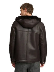 Men’s Dark Brown Shearling Leather Hooded Jacket