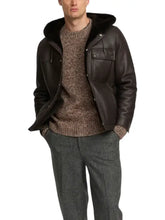 Men’s Dark Brown Shearling Leather Hooded Jacket
