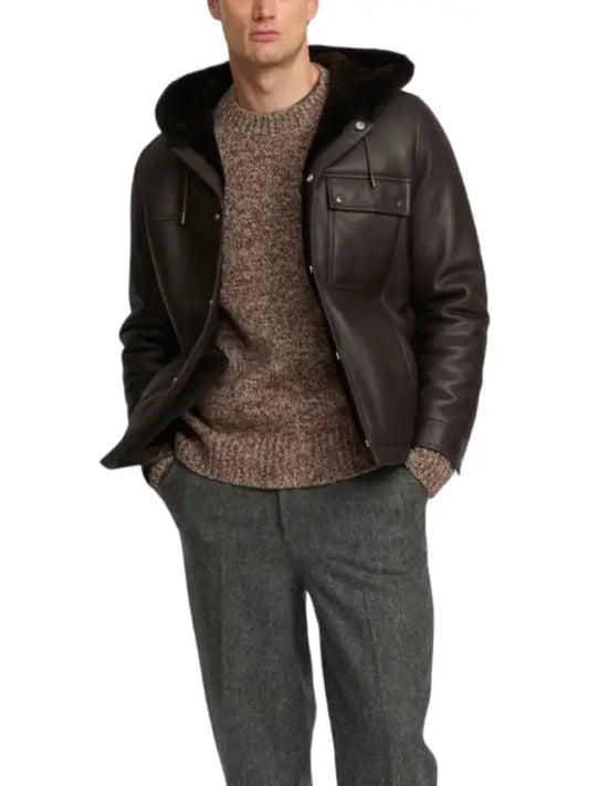 Men’s Dark Brown Shearling Leather Hooded Jacket - The Leather Jackets