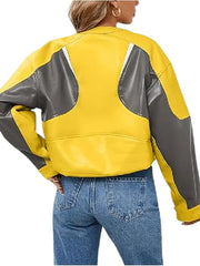Women’s Yellow and Gray Cropped Leather Biker Jacket
