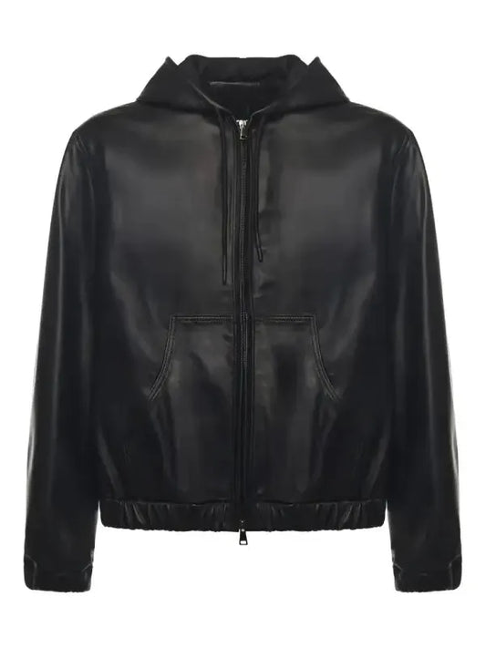 Men’s Black Real Leather Hooded Zip-Up Jacket | Premium Casual Outerwear
