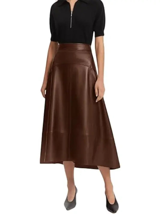 Women’s Brown Genuine Leather Midi Skirt - The Leather Jackets