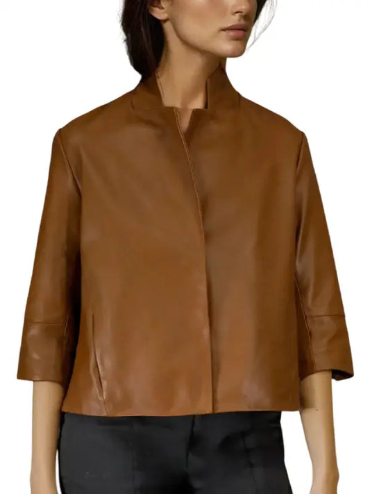 Women’s Brown Real Leather Cropped Jacket