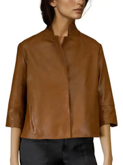 Women’s Brown Real Leather Cropped Jacket