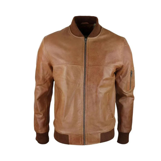 Men's tan leather bomber jacket with front zipper and ribbed cuffs on white background