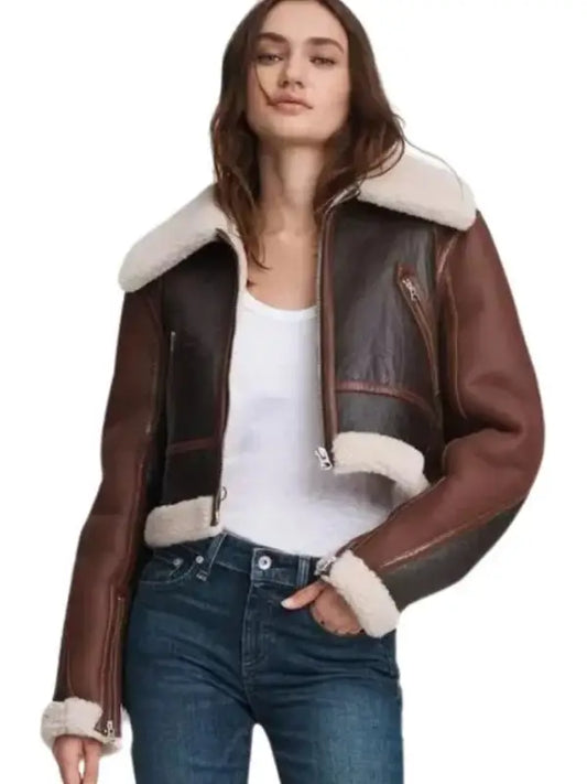 Women’s Brown Cropped Shearling Leather Jacket