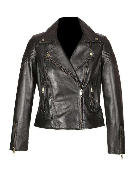 Womens Black Biker Style Real Leather Jacket - The Leather Jackets