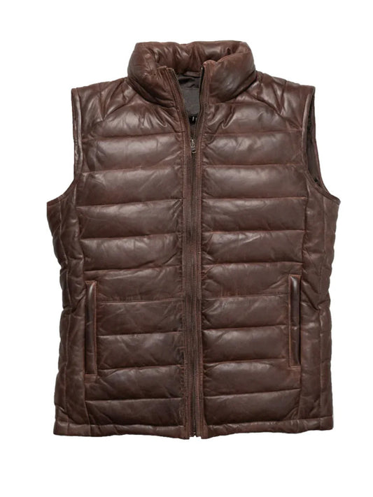 Dark Brown Down Genuine Leather Vest - The Leather Jackets
