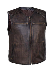 Woodland Brown Biker Quilted Genuine Leather Vest