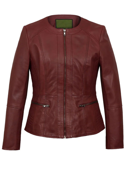 Red Collarless Leather Jacket - The Leather Jackets