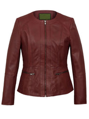 Red Collarless Leather Jacket