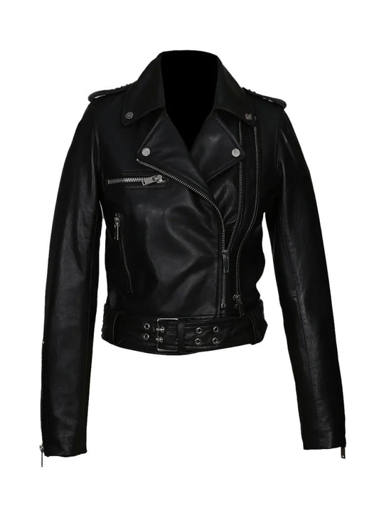 Black Side Belt Biker Style Genuine Leather Jacket