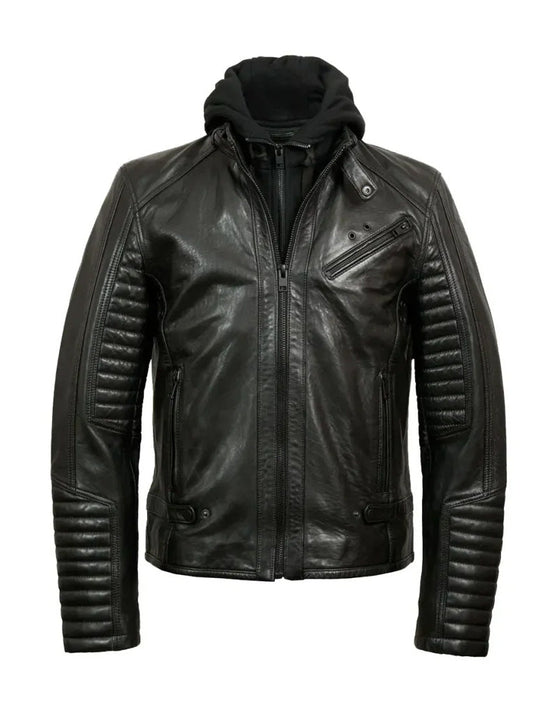 Black Hooded Bold Lined Biker Leather Jacket - The Leather Jackets
