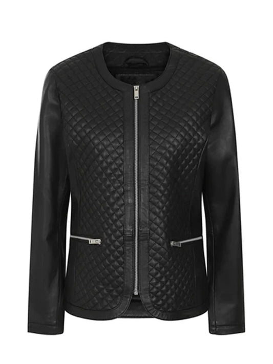 Collar Less Black Quilted Leather Jacket - The Leather Jackets