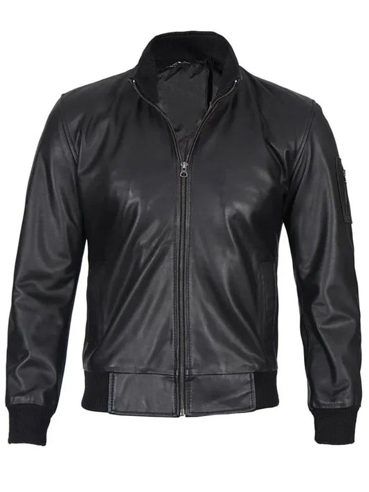 Men's black leather bomber jacket with front zipper and ribbed cuffs