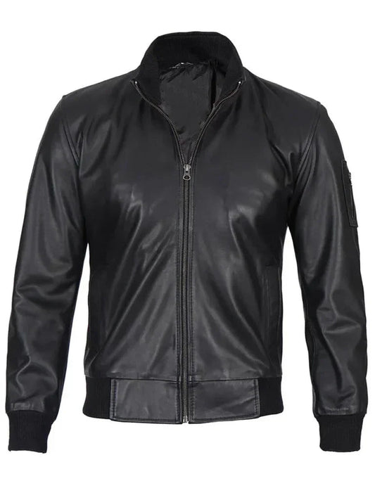 Men's black leather bomber jacket with front zipper and ribbed cuffs