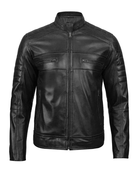 Men's black leather jacket with front zipper and zippered chest pockets