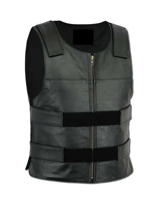 Black Biker Padded Style Real Leather Vest - The Leather Jackets