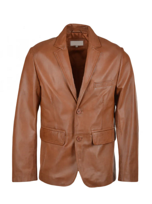 Tan Brown Notch Lapel Genuine Leather Blazer - The Leather Jackets
