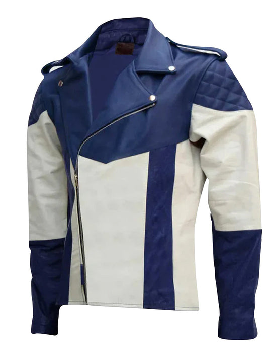 Blue and White Biker Genuine Leather Jacket - The Leather Jackets