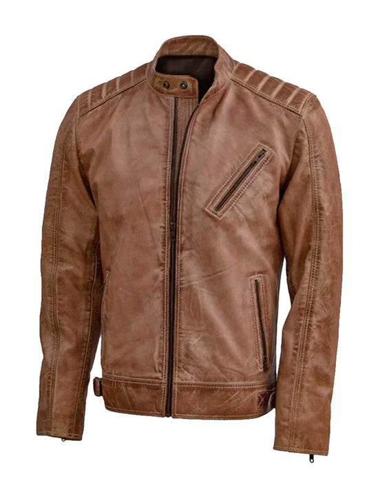 Waxed Tan Biker Style Real Leather Jacket - The Leather Jackets