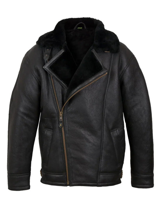 Black Lapel Style Shearling Leather Jacket - The Leather Jackets