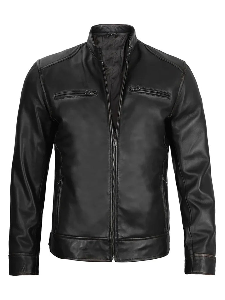 Dodge Black Leather Cafe Racer Jacket - The Leather Jackets
