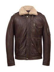 Men’s Shearling Collar Distressed Brown Leather Jacket