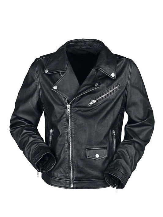 Slim fit black leather motorcycle jacket
