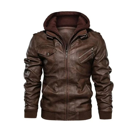 Men's brown leather jacket with front zipper, chest pockets, and attached hoodie