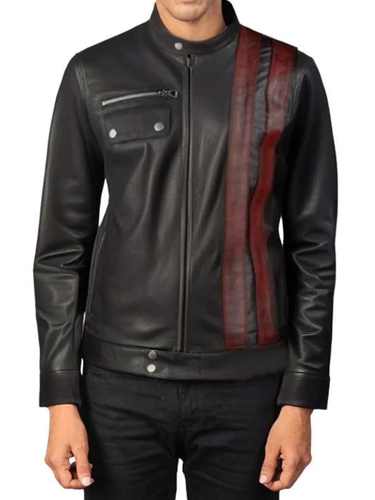 Black Biker Stripes Style Leather Jacket - The Leather Jackets