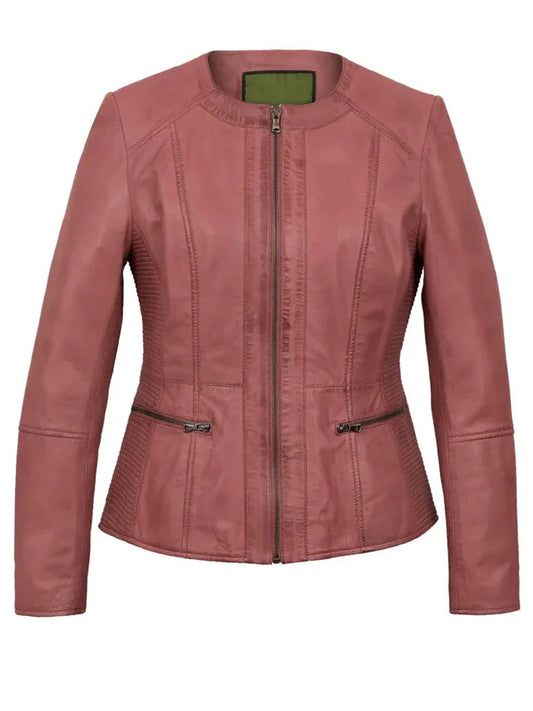 Pink Collarless Leather Jacket - The Leather Jackets
