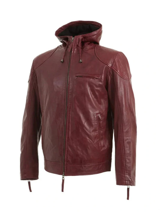 Red Hooded Style Genuine Leather Jacket