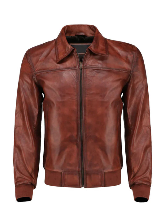 Cognac Brown Shirt Style Bomber Leather Jacket - The Leather Jackets