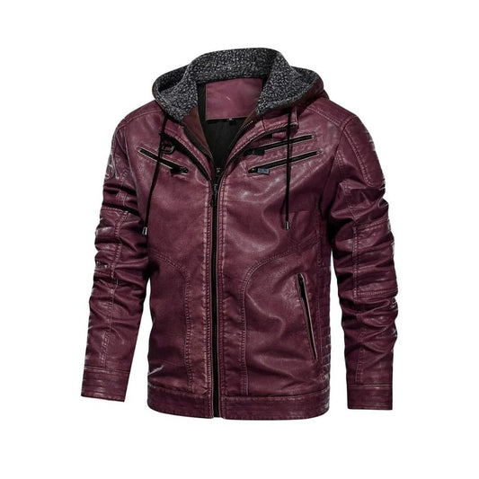 Red Bomber Hooded Leather Jacket