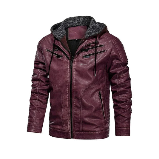 Men's maroon leather jacket with zippered pockets and detachable hoodie on white background