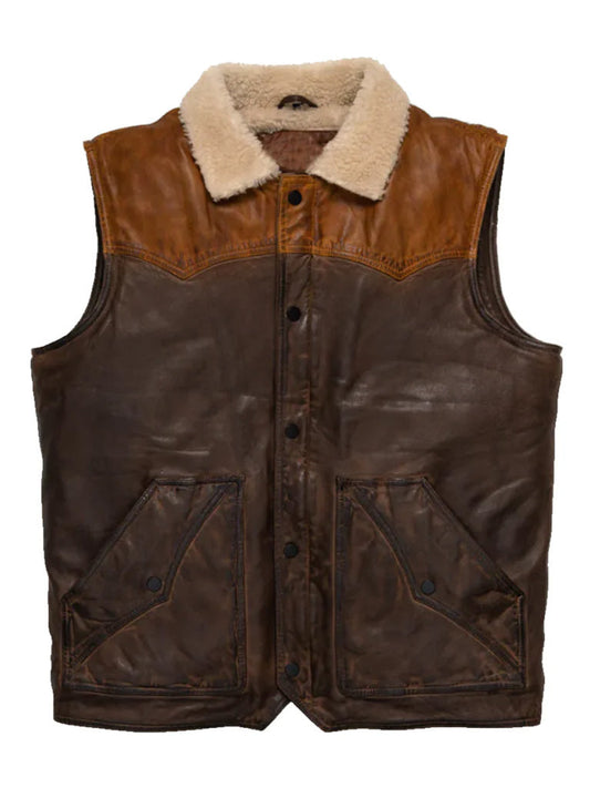 Brown Sherpa Leather Vest - The Leather Jackets