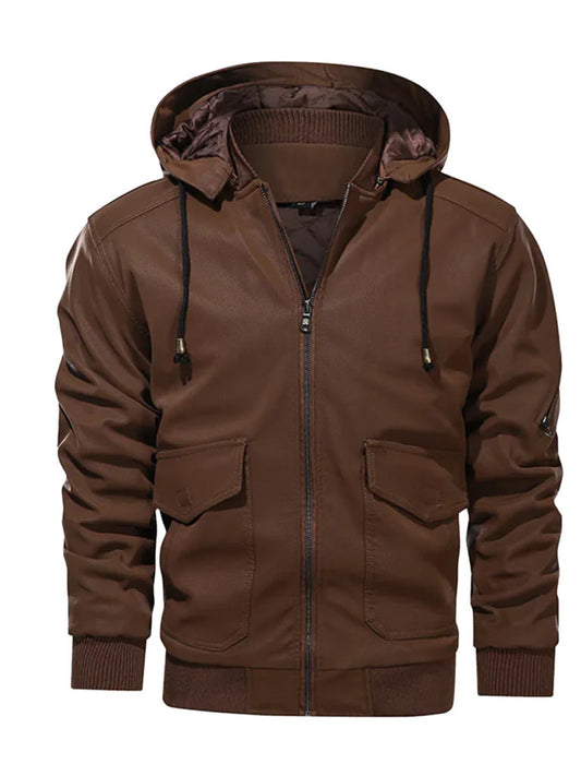 Men's Brown Bomber Hooded Genuine Leather Jacket
