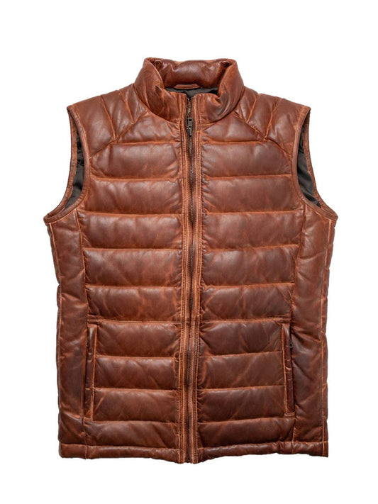 Brown Down Leather Vest - The Leather Jackets